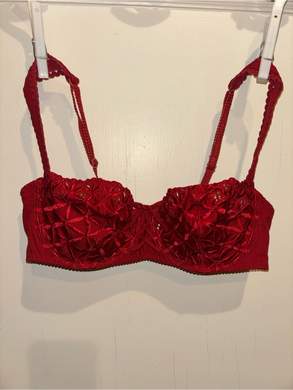 Aubade Red Lace Balconette Demi Bra with Floral Embroidery